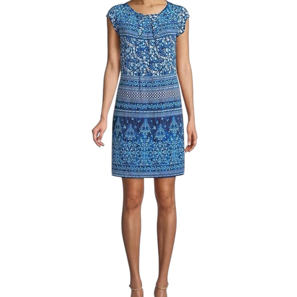Karl Lagerfeld Paris Blue Mixed Pattern Short Sleeve Matte Jersey Sheath Dress 4